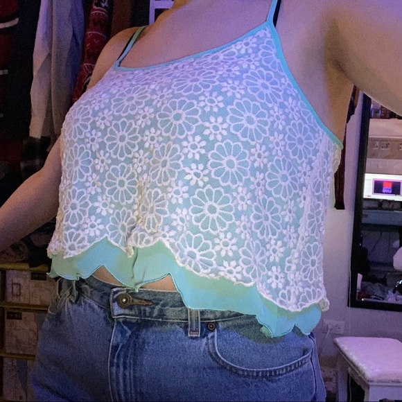 DOUBLE ZERO LAYERED AQUA WHITE LACE TANK TOP - Picture 5 of 16